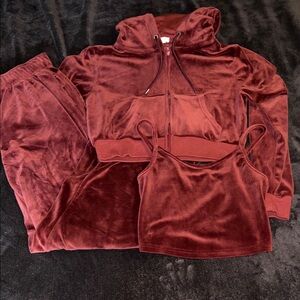 Velvet Burgundy Tracksuit 3 Peice Set-Size M